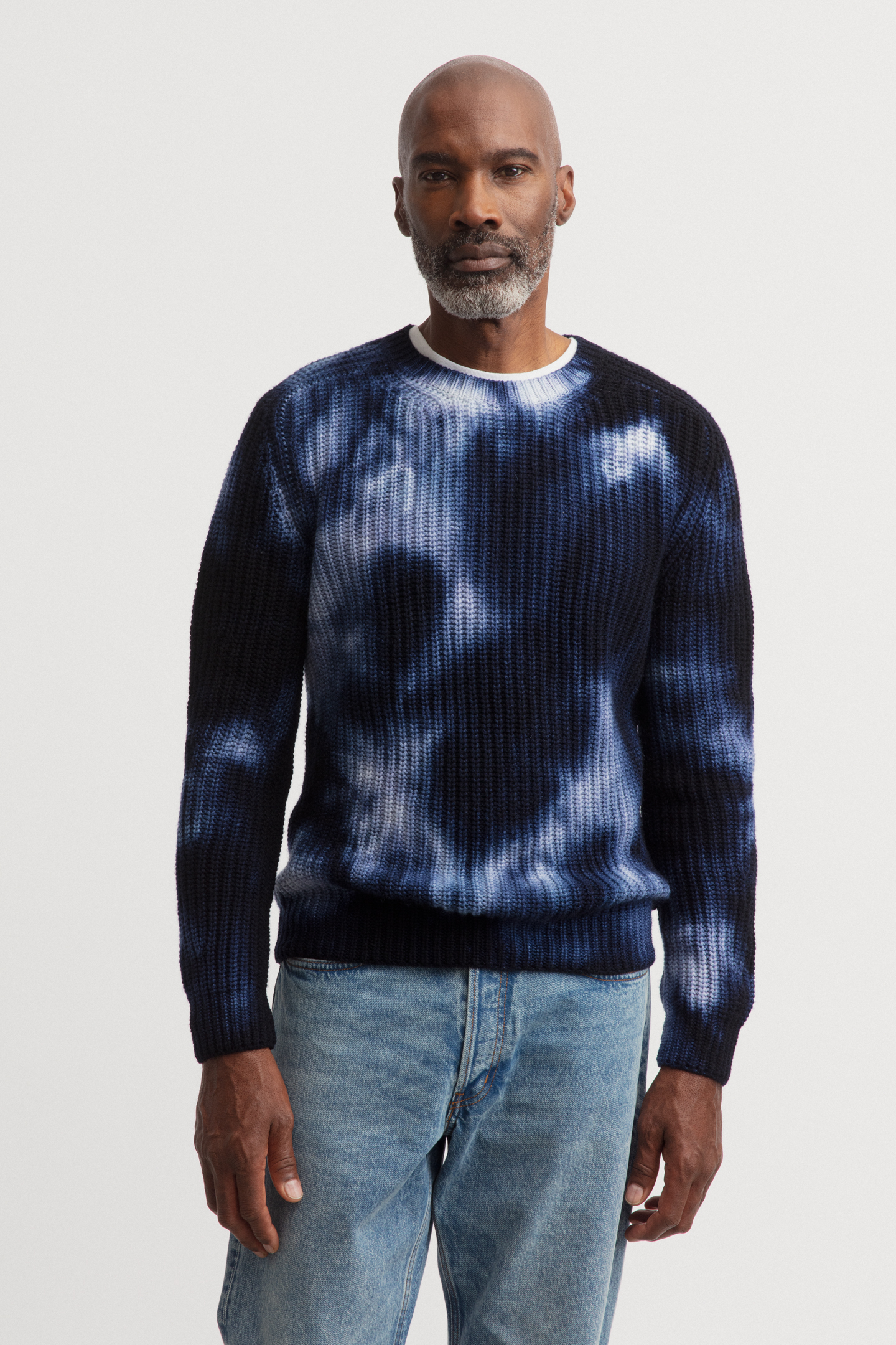 AURENZO TIE DYE Stonewashed Cashmere Sweater for Men in navy/off white
